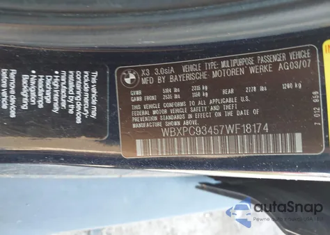 2007 BMW X3 3.0Si z USA, uszkodzony, nr VIN WBXPC93457WF18174